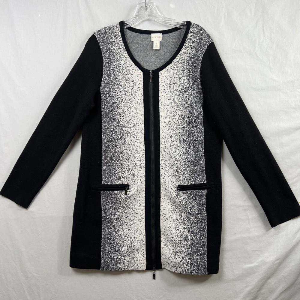 Chico's 1 Zip Front Sweater Jacket Women M Black White Ombre Speckled Knit